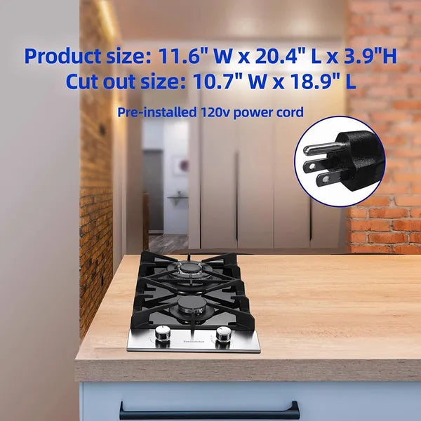 2 Burner Tempered Glass Kitchen Gas Cooktop Drop-In Hob