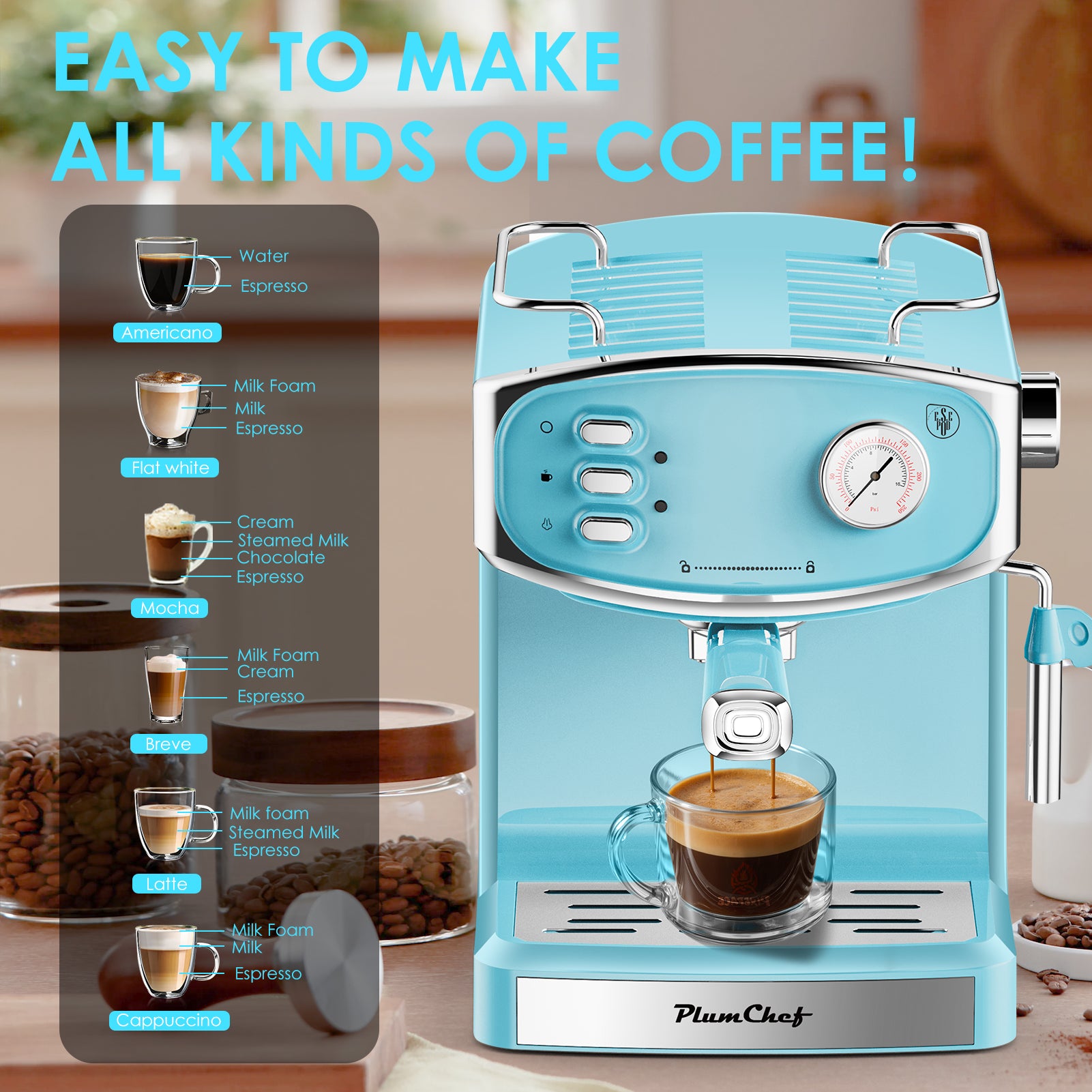 20-Bar Espresso Machine With Milk Frother 54oz Water Tank Compact