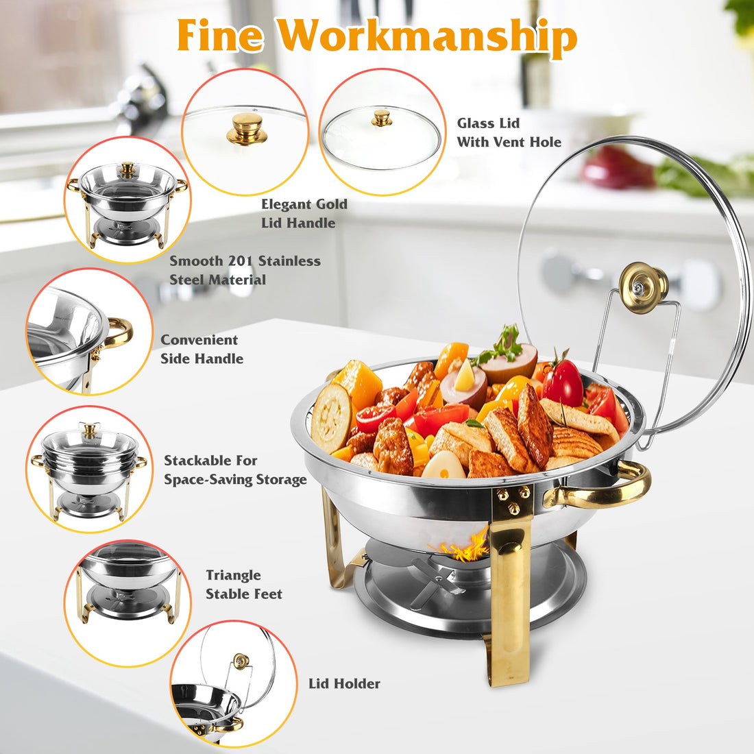 4-Piece Stainless Steel Chafing Dish Buffet Set With Glass Lid