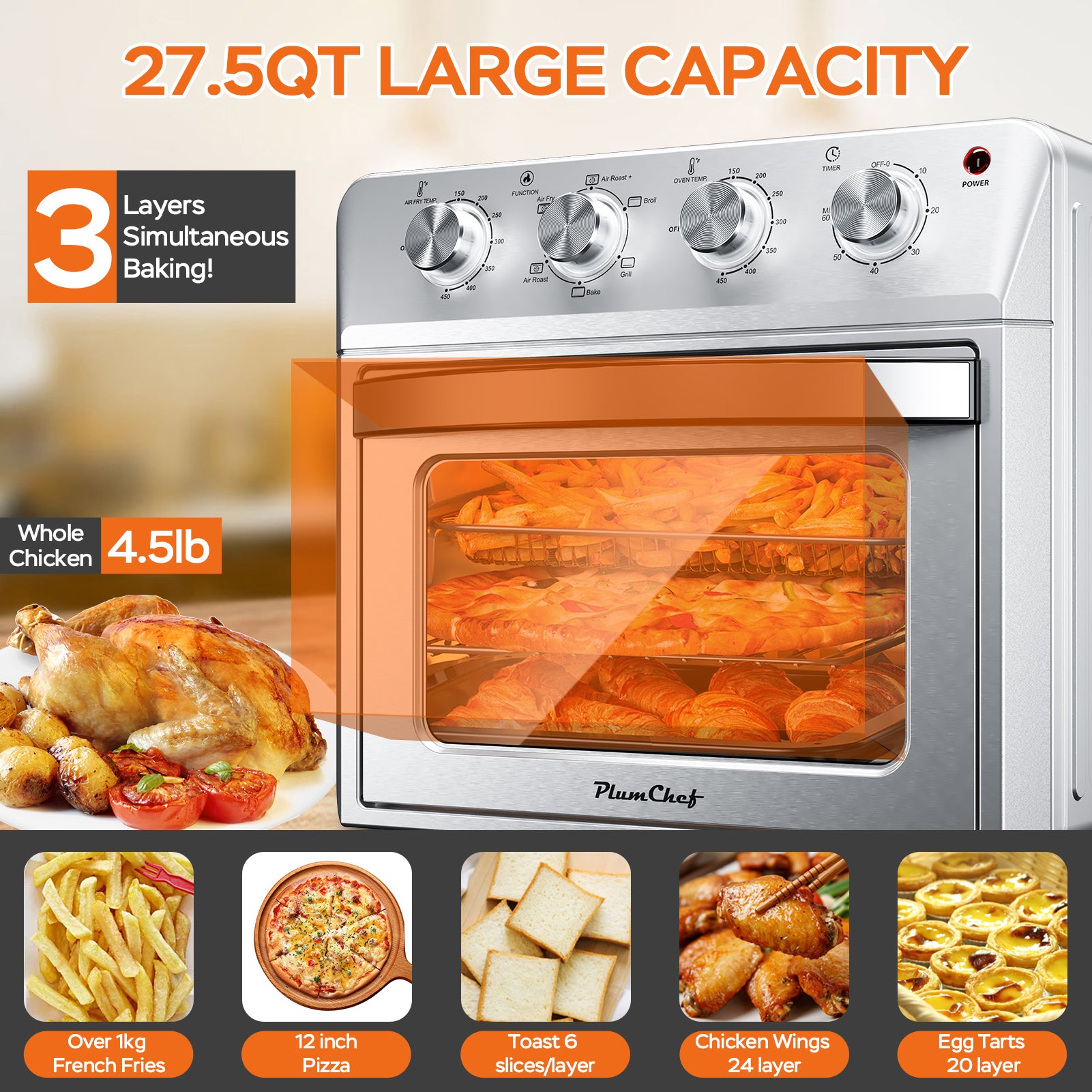 27.5QT 6-in-1 Air Fryer Toaster Oven Countertop Convection