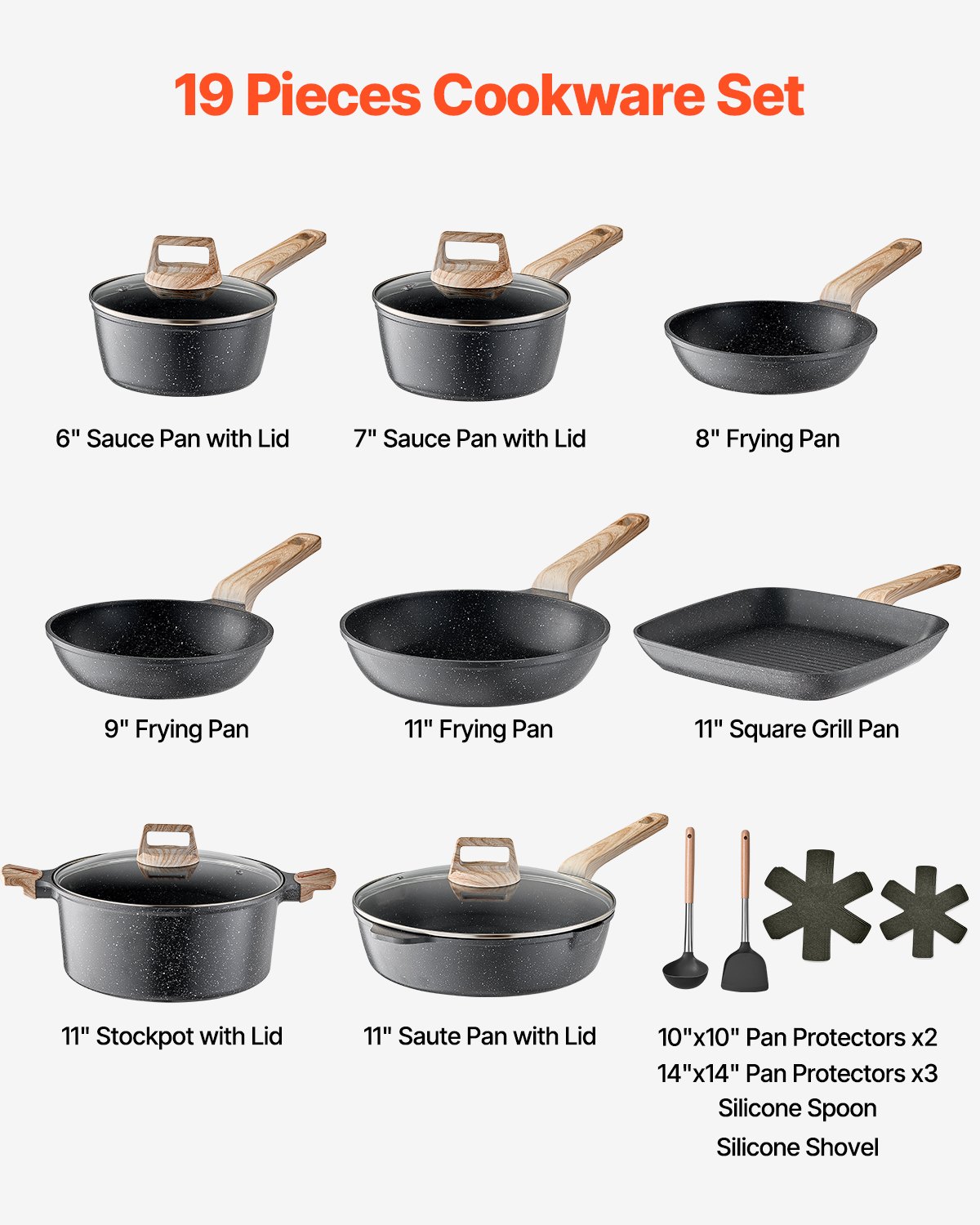 19 Piece Granite Nonstick Cookware Set Induction Compatible Black