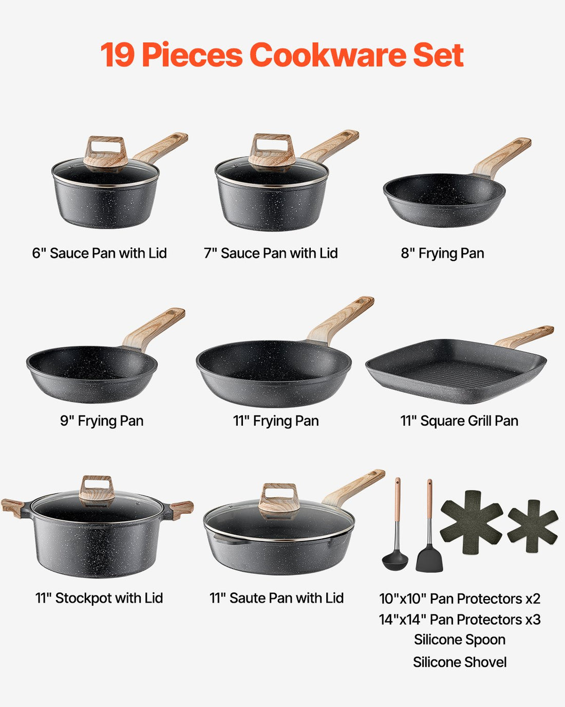 19 Piece Granite Nonstick Cookware Set Induction Compatible Black