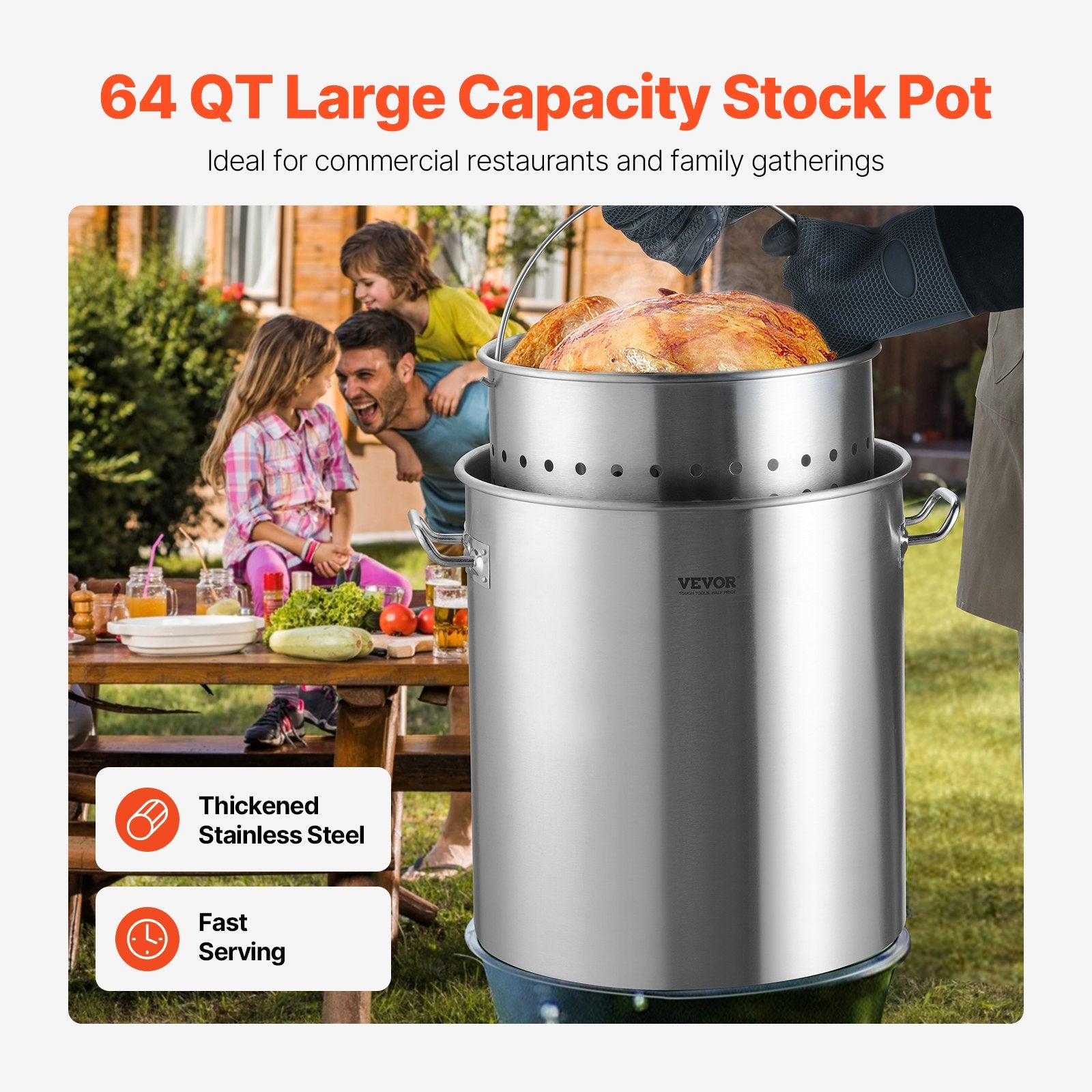64QT Stainless Steel Stockpot with Basket and Lid