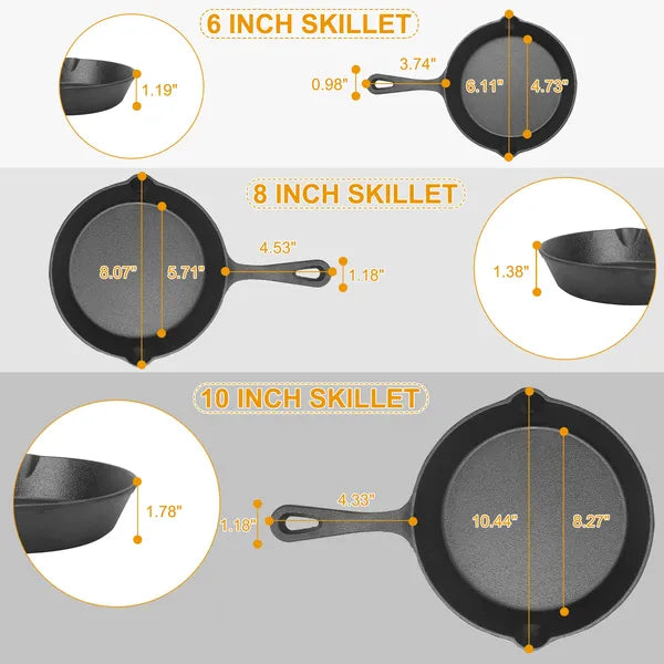 3Pcs Pre Seasoned Cast Iron Skillet Set