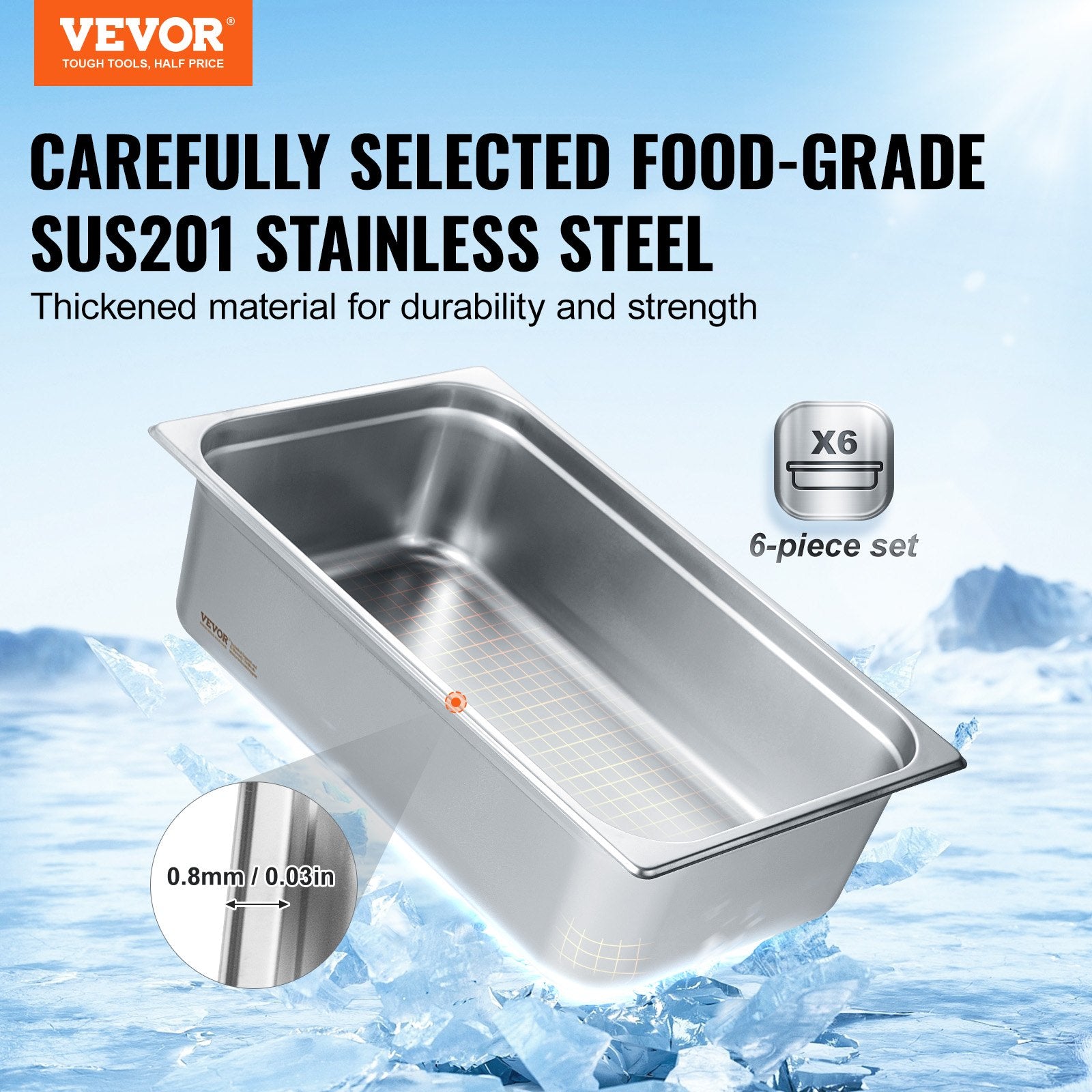 6 Pack Stainless Steel Steam Table Food Pans