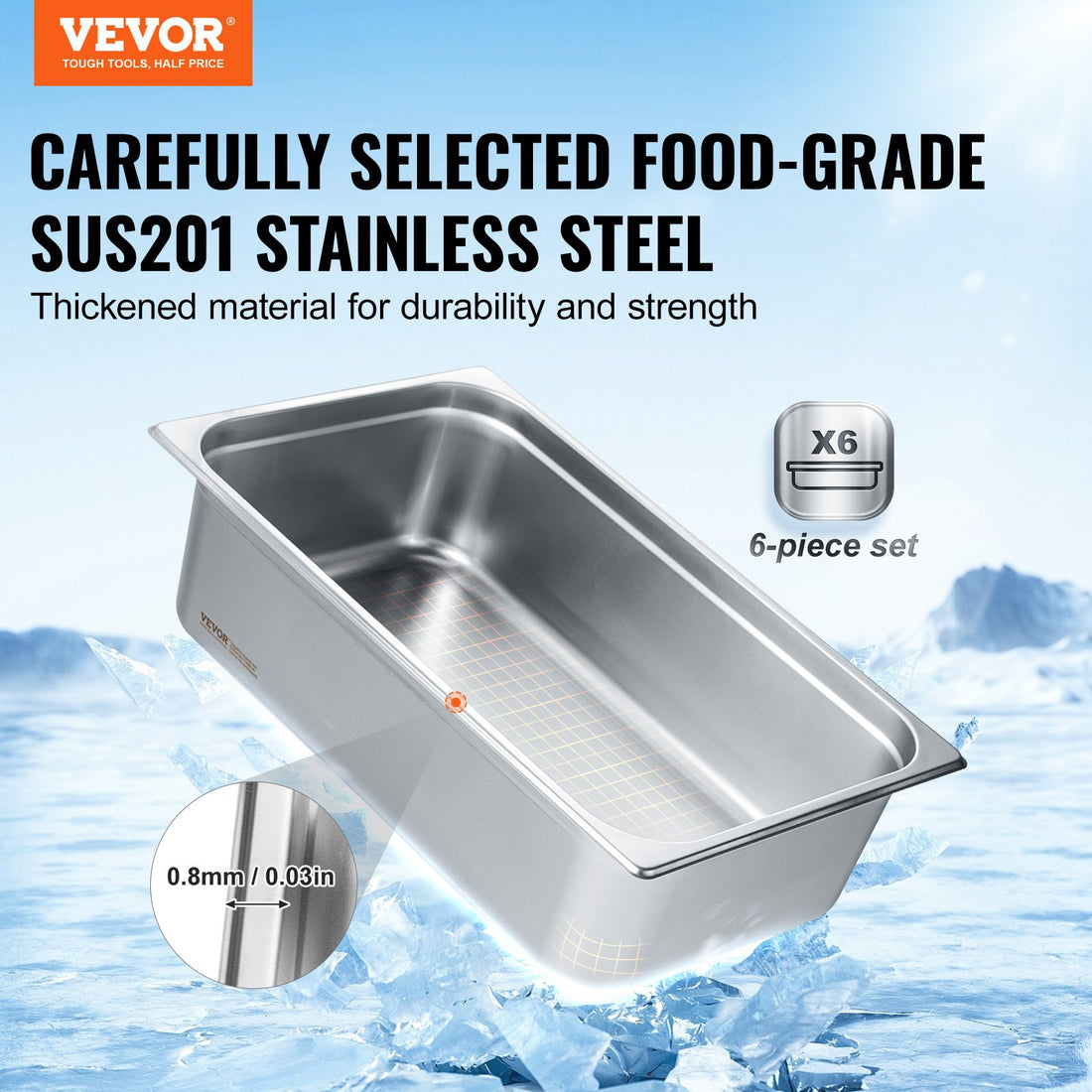 6 Pack Stainless Steel Steam Table Food Pans