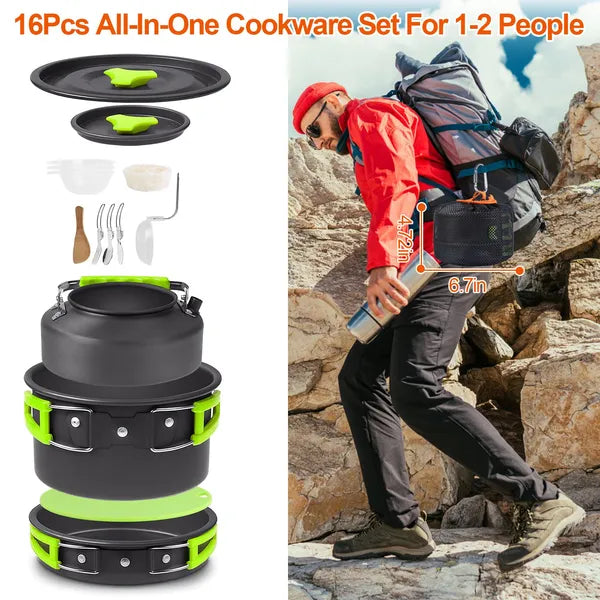 16-Piece Camping Cookware Set With Stove Pot Pan Kettle Kit