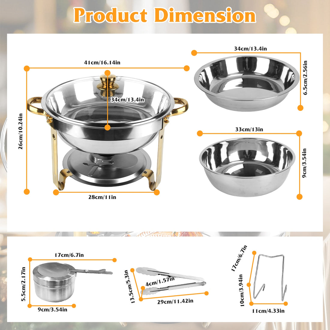 4-Piece Stainless Steel Chafing Dish Buffet Set With Glass Lid