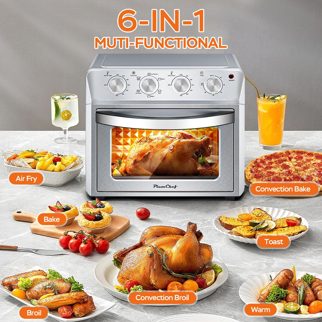 27.5QT 6-in-1 Air Fryer Toaster Oven Countertop Convection