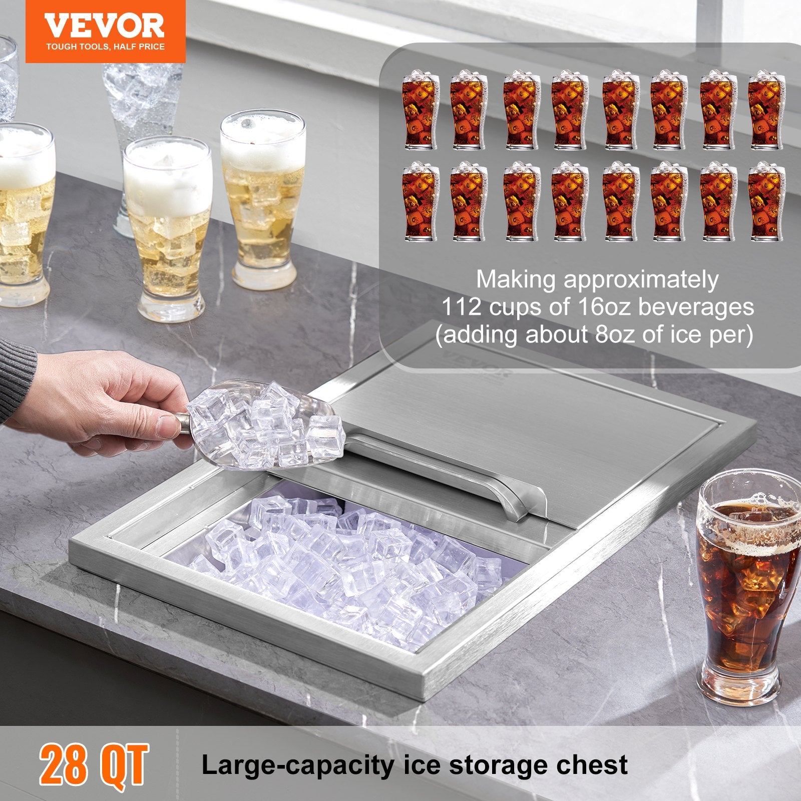 18" Stainless Steel Drop-In Ice Chest with Sliding Cover