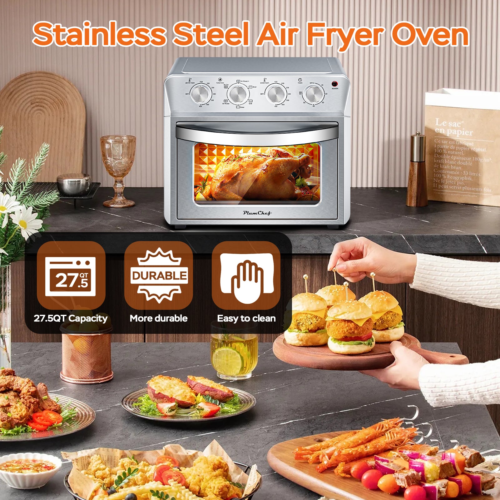 27.5QT 6-in-1 Air Fryer Toaster Oven Countertop Convection