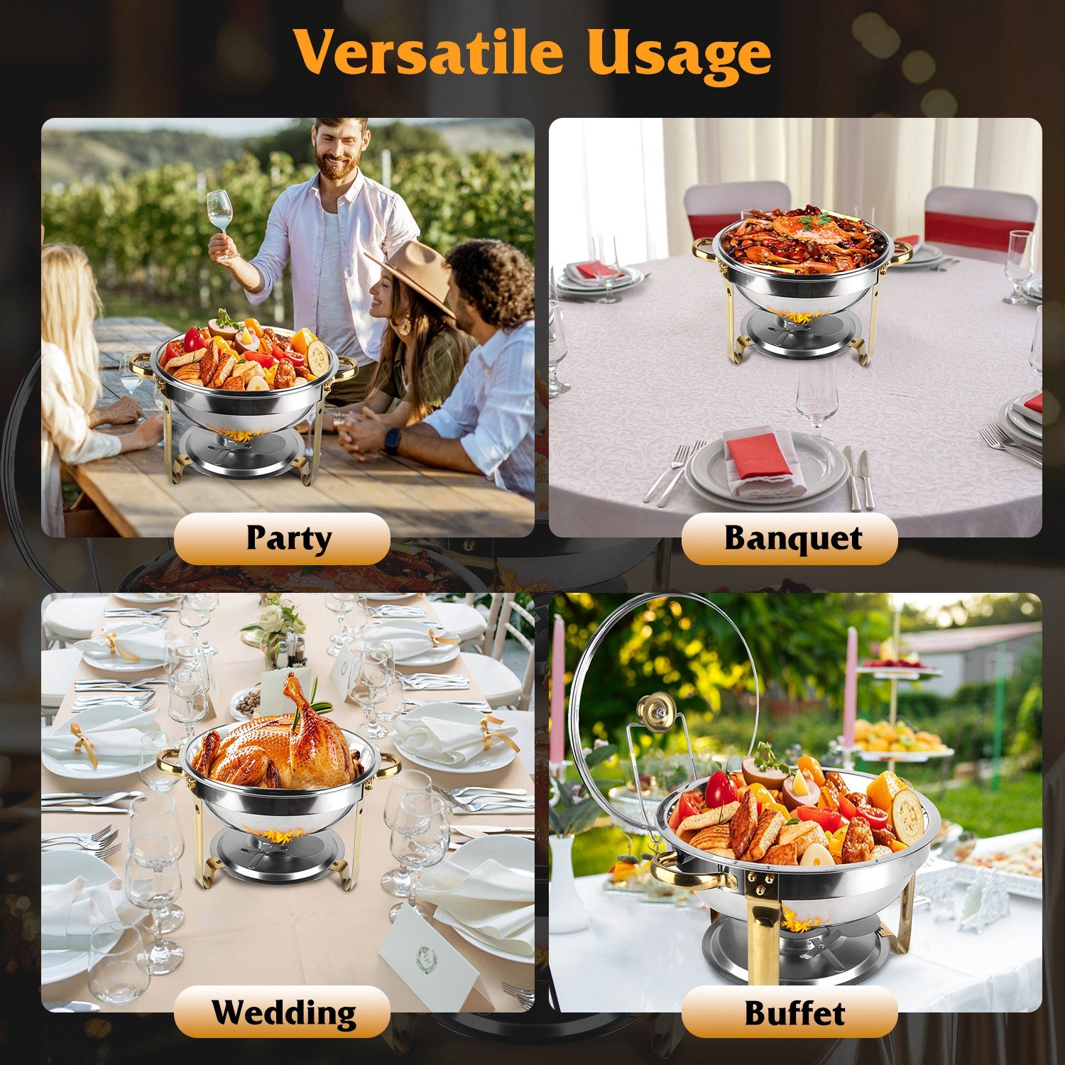 4-Piece Stainless Steel Chafing Dish Buffet Set With Glass Lid